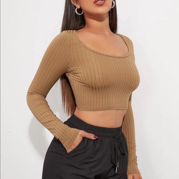 SHEIN Beige Cropped Ribbed Knit Long Sleeve Top M New - Picture 5 of 12